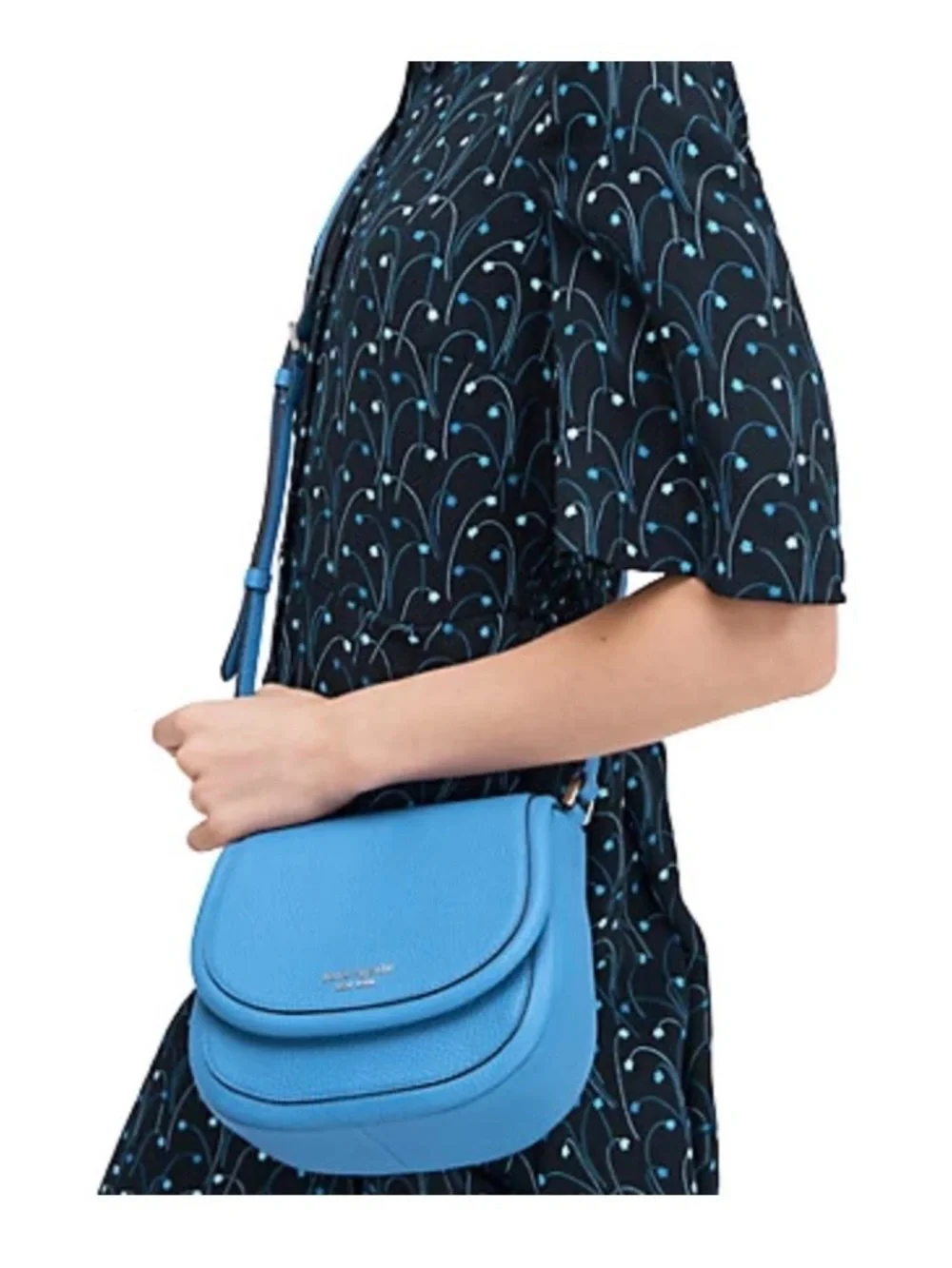 Kate Spade Roulette Small Saddle Bag Blue Pebbled Leather Crossbody Purse Flap
